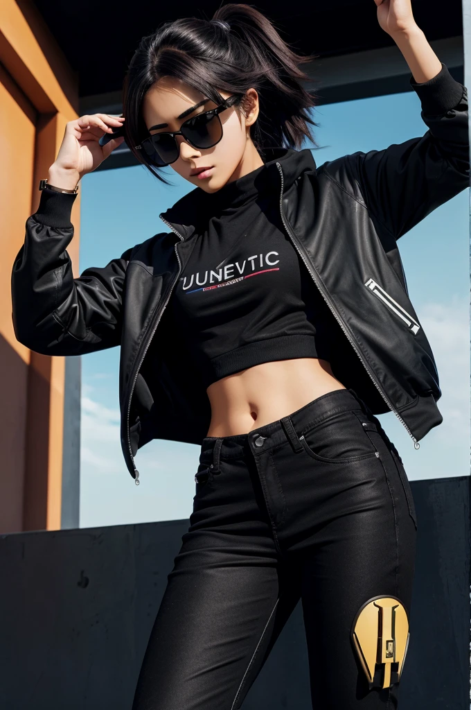 a anime character wearing sunglasses and jacket of black colour ,16k resolution high definition vibrant colours, full body ,wearing futurestic watch