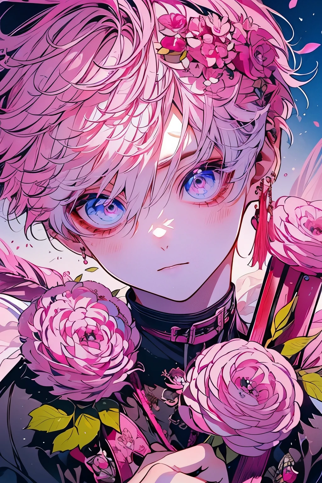 (Mastepiece), (Best Quality), Very detailed, 1 boy, Solo Shooting, Perfect Face, Beautiful Face, Very detailedな顔，(Pink Hair:1.3)，(short hair:1.4)、(Big eyes:1.4)，(Long eyelashes:1.4)、(Pink Eyes:1.3)、Lots of flowers、petal、(laughing:1.4)