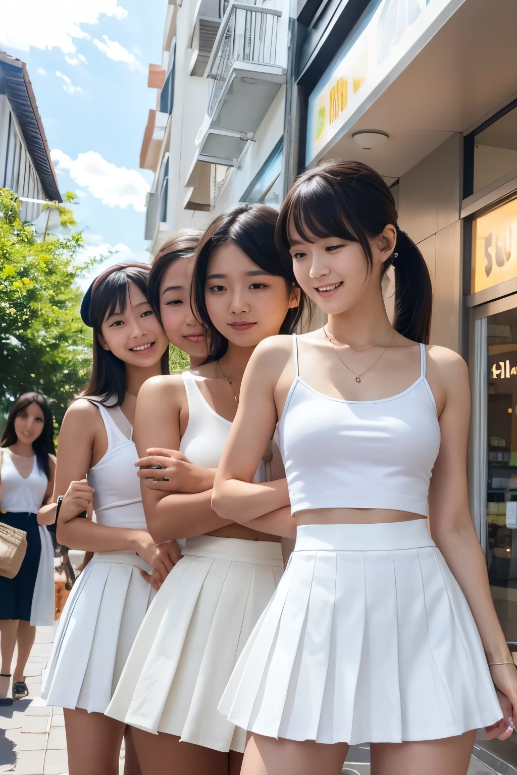 8k, real photo, five girls standing together, ((white:1.5)) tank top with white pleated mini skirt, white beret, -yeld,ba,a little smiles,thighs,knees,crotch,low ponytail,from below, low angle, exposing white panty, in a shopping area, shiny sun shine, photo shooting, white panty is exposed, strong wind