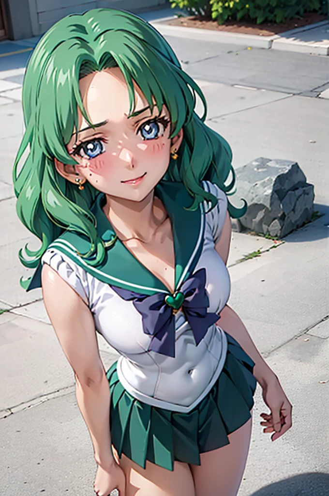 (best quality:1.1), (masterpiece:1.4), (absurdres:1.0), portrait, close-up,
1girl, sailor neptune, (mature woman:1.3), small breasts, aqua eyes, dark green hair, medium hair, sailor senshi uniform, plead skirt, looking at viewer, alley, (blush:1.2), smile, aged up, hand on chest,
