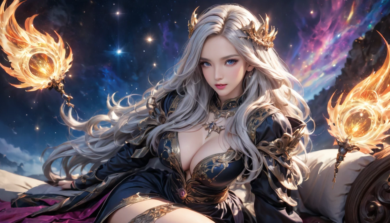 8K resolution, masterpiece, Highest quality, Award-winning works, unrealistic, From above, erotic, sole sexy lady, healthy shaped body, 22 years old, black mage, 165cm tall, huge firm bouncing busts,, white silver long wavy hair, Detailed facial depictions, Mysterious blue eyes, Standard nose, Eyeliner, pink lips, sexy long legs, big breast, Clear skin, lying in the bed, holy knight, Gothic ruffle long dress, A dress with a complex structure, Seven-colored colorful dress, Clothed in flames, royal coat of arms, elegant, Very detailed, Delicate depiction of hair, miniature painting, Digital Painting, artstation concept art, Smooth, Sharp focus, shape, Unreal, surreal, Dynamic Lighting, Fantasy art, Complex colors, Colorful magic circle, flash, dynamic sexy poses, A kind smile, Mysterious Background, Aura, A gentle gaze, Small faint lights and flying fireflies, night, lanthanum, From above, looking down on the world below, Starry Sky, milky way, nebula, shooting star