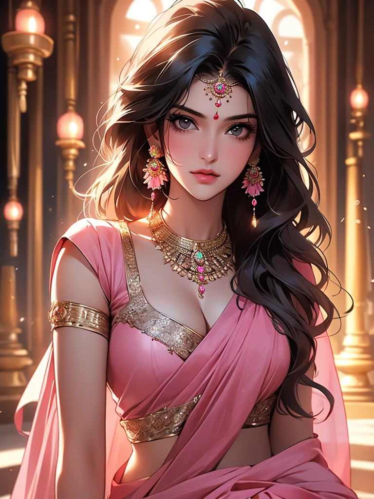 (absurderes, A high resolution, Ultra detailed, hdr), Masterpiece, Best quality, Portrait of an Indian
Goddess Lakshmi, extreme realistic very beautiful, animated style, closeup shot, anime in a(((pink))) indian dress (((saree))), long black wavy hair untied, head jewellery, necklace, earings, armlets, bangles and bracelets, rings, pleasant expression, bright big black eyes, holding a lotus flower, natural beauty, vibrant colors, dreamy, northern light, pink bubble, romantic, soft lighting, vintage aesthetic,big breasts, cleavage