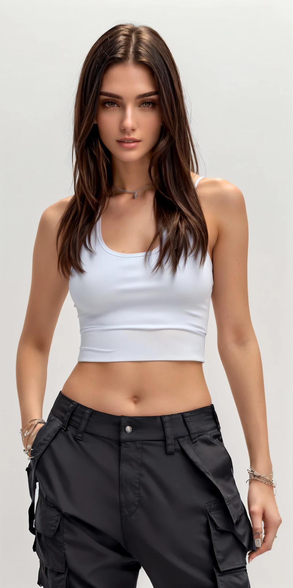 a close up of a woman in a White top and black cargo pants, top cut, white halter top, White top, wearing top cut, usando um top cropped sexy, white top, thin girl model photo, fit delicate figure, wearing a black cropped tank top, wearing tank top, 2 4 year old female model, halter top