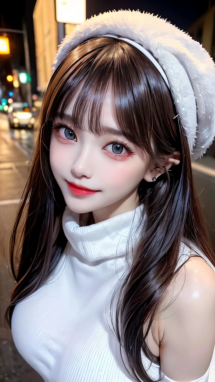 (masutepiece:1.4、top-quality:1.4、The ultra -The high-definition:1.4、Beautiful woman full of adult charm:1.4),1girl in, solo, A darK-haired, scarf, Hats,, realisitic, looking at the viewers, brown eyes of light color,:1.4, shorth hair, White coat, White winter clothes, White headscarf, s lips, Lip Gloss，bangss, a closed mouth, The upper part of the body、big eye、Lashes、((Road system in Italy))、((Shorthair with bangs、big eye、Put very strong highlights in your students:1.4、very Bigger breasts:1.4、{gigantic|Big|Huge|mega} breasts, cleavage、gazing at viewer、Very beautiful adult beauty:1.4、Put your ears out、long neck、little smiling、Close your mouth and smile)))、28 year old、Cute supermodels:1.4