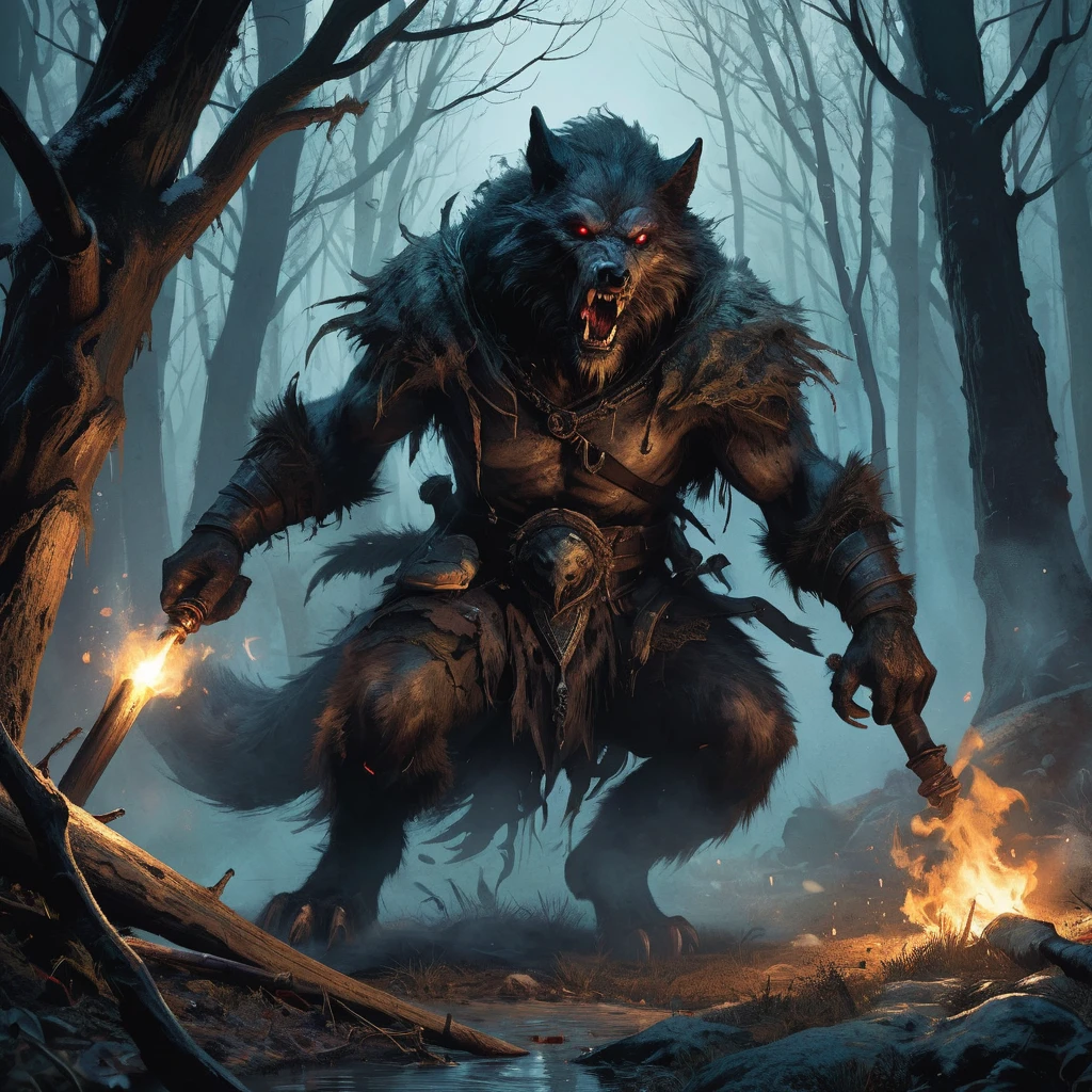 the werewolf lies in wait, hidden in dense undergrowth. The air is saturated with the smell of decay and the whisper of forgotten magics.. His fur, drenched in the blood of a recent hunt, goes perfectly with the shadows, his eyes sparkled with a predatory gleam. near, a group of unsuspecting villagers, armed with torches and crude weapons, proceed with caution, their breath is visible in the cold night air. They are looking for the beast, terrorizing their homes., without suspecting, that the hunter became the hunted. When the wind carries their scent to his sharp nose, the werewolf tenses up, muscles curled up like springs, ready to cause chaos in this darkness, medieval nightmare.