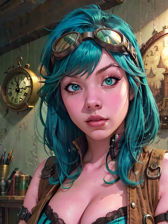 score_9, score_8_up, score_7_up, score_6_up, score_5_up, score_4_up, 1woman, moon background, reflective ground, abstract, a woman with blue hair and goggles on her head and a clock in the background with a clock, steampunk, a character portrait, rococo, 1girl, aqua eyes, aqua hair, breasts, cleavage, eyewear on head, fingerless gloves, gloves, goggles, goggles on head, lace, lace trim, lips, long hair, looking at viewer, makeup, sitting, solo, steampunk, striped, sunglasses expressiveH