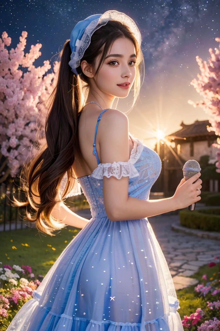 (best quality,4k,8k,highres,masterpiece:1.2),ultra-detailed,(realistic,photorealistic,photo-realistic:1.37),acrylic painting,beautiful Spanish model in a Lolita dress with downy hair,beautiful Spanish model with extremely colorful hair and detailed facial features,beautiful Spanish model standing in a beautiful garden surrounded by a starry sky,beautiful Spanish model wearing a vibrant Lolita dress,beautiful Spanish model with intricate accessories and a matching hat,beautiful Spanish model posing gracefully with her hands on her hips,beautiful Spanish model with long flowing twintails,beautiful Spanish model with bright blue eyes and rosy lips,beautiful Spanish model with a joyful expression,beautiful Spanish model in a dynamic pose with cherry blossoms falling around her,beautiful Spanish model surrounded by colorful flowers and butterflies,beautiful Spanish model's dress adorned with cute bows and lace details,beautiful Spanish model with an enchanting smile,beautiful Spanish model with soft, pastel-colored shading,beautiful Spanish model with a magical glow illuminating her,beautiful Spanish model in a picturesque setting with a winding path leading to a magnificent castle,beautiful Spanish model holding a microphone and singing passionately,beautiful Spanish model with a fairytale-like background,beautiful Spanish model with a soft, dreamy atmosphere,beautiful Spanish model with a subtle bokeh effect,beautiful Spanish model standing under a moonlit sky,beautiful Spanish model with a warm, golden sunset in the background,beautiful Spanish model surrounded by twinkling stars and colorful nebulae,creating an ethereal and captivating artistic masterpiece.