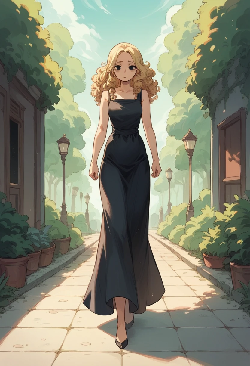 alone, 1 woman 40 years old, Brunetette, chubby. Slim waist wide hips, black eyes, Round face. defined mouth, black curly hair with blonde highlights, wearing long gown, standing, whole body position, walking on the sidewalk