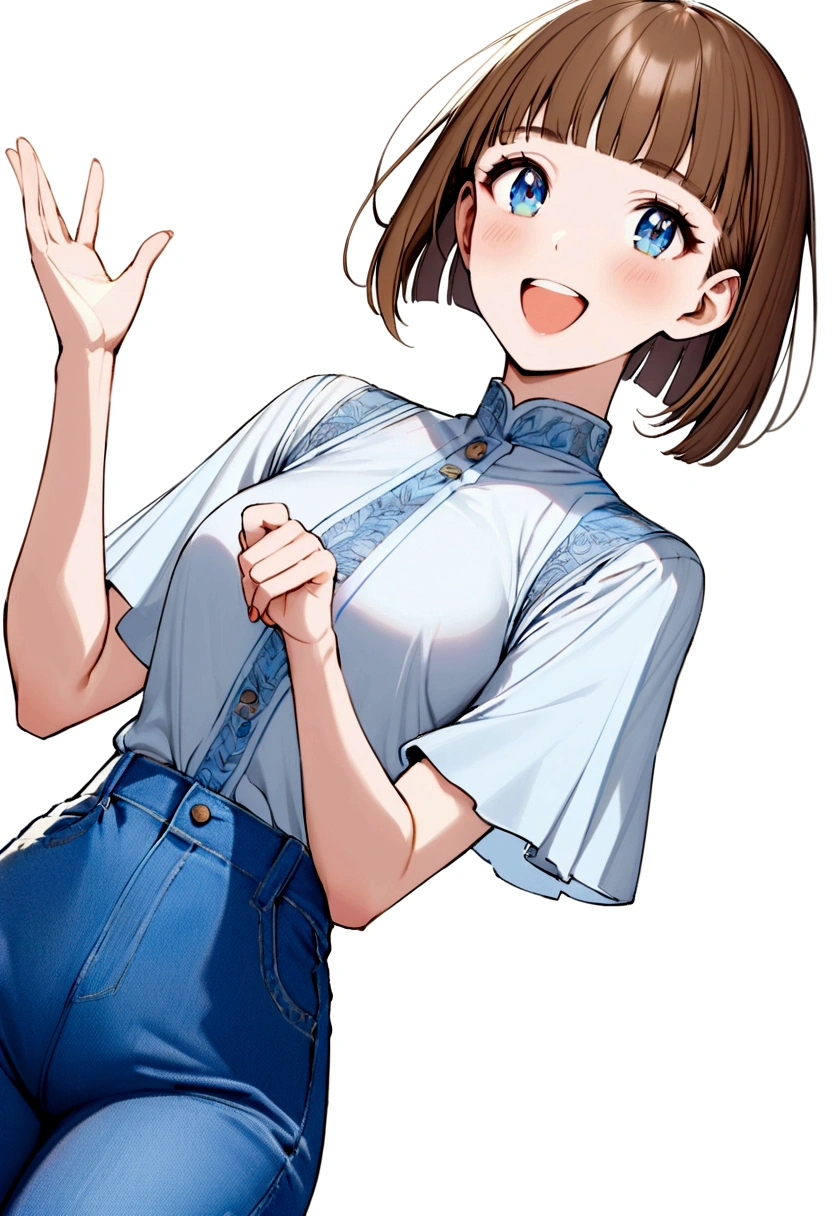beautiful and cool tall young woman with short brown bowlcut hair, blue eyes, white and light blue shirt, blue jeans , brown shoes, happy, no background