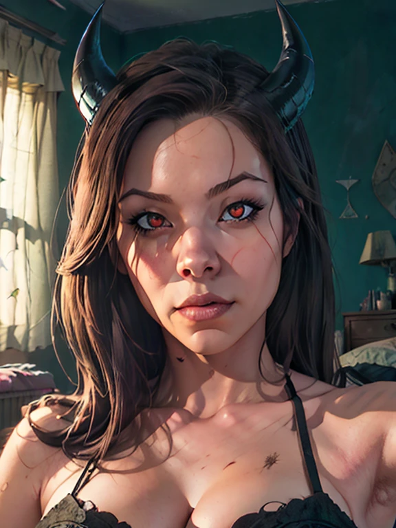 score_9, score_8_up, score_8, score_9, dark goddess, perfect face, smooth skin, (big devil horns), long hair, glowing eyes, cleavage, cinematic lighting, dark, seductive, perfect anatomy, focus, detailed, high definition, (bedroom), Expressiveh, g0thicPXL, concept art, realistic, low-key, chiaroscuro
