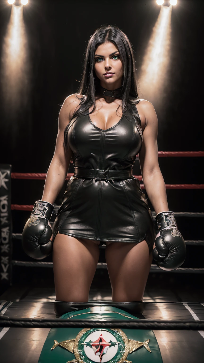 masterpiece, best quality, ultra-detailed, high resolution, extremely detailed, (Full Body Shot:1.3), (sharp focus:1.2), photo, attractive curvy female model, Israeli, beautiful, Denise Milani, 18 years old, (emerald-green eyes:1.4), ((jet-black hair:1.4)), (tanned skin:1.4), short straight hair, (beautiful face:1.1), detailed eyes, luscious lips, (heavy makeup:0.85), (smile:1.2), wearing (black leather boxing gloves:1.2), (black leather army dress:1.7), on a (boxing ring:1.8), (intimidating pose:1.8), (thick thighs:1.5), (crowded boxing arena:1.6), depth of field, bokeh, 4K, HDR.