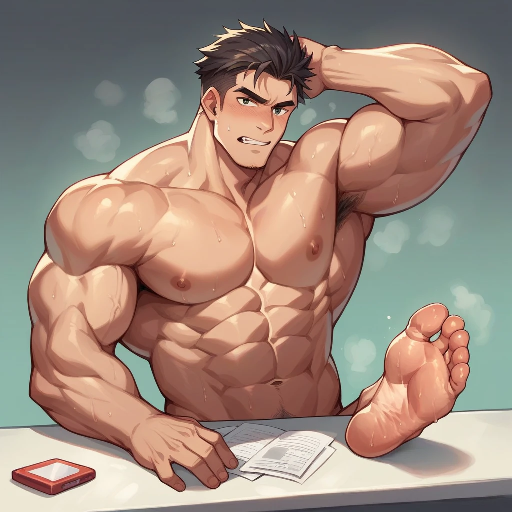 Muscular man comes home from work he takes off all his clothes he is almost naked and sweaty and very muscular he also puts his stinky and sweaty feet on the table Don's feet are big and stinky with veins and a little dirty his legs have hair his torso is Very muscular, he has hair on his chest and his body is sweaty in his boxers, his member stands out. The boxers are black. His left hand is behind his head, revealing his very hairy and stinky armpit. His hands are on his penis, touching and scratching his testicles. while he masturbates and cums semen comes out he is muscular his arms are big and veiny he is tanned and his hair is black b he has veins in his feet and hands very muscular tanned and stinky tired and with a relaxed expression on his face