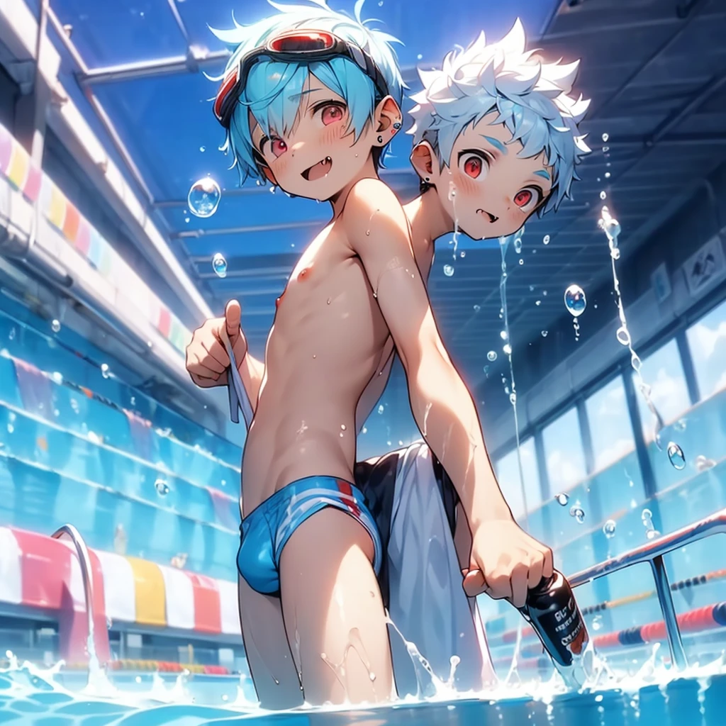 (solo:2), (boldline:-1.7), (swimming in water:1.5), (arched back:1.1), ((bubble)), (((fang))), (((best finger))), BREAK (best quality:1.5), (absolutely resolution:1.5), (ultra detailed:1.5), (masterpiece:1.5), (perfect face), (detailed face), (detailed eyes), (best eyes), (cute face), (shota:2), BREAK (topless:1.5), BREAK (white speedos:1.5), (swimming goggles on head:1.3), (see throgh wet clothes:1.4), (bulge:1.6), (skinny:1.3), (spiked hair), BREAK (light blue hair:1.5), (wine red eyes:1.4), (eyes with highlight:1.6), ((mole under eye)), (sweaty skin), (chuckling:1.5), ((earrings)), (shiny skin:1.3), BREAK (stadium), (pool:1.5), (sunlight), ((wind blowing)), (((nipple))), ((abs)), (groin), water splashing, from below,