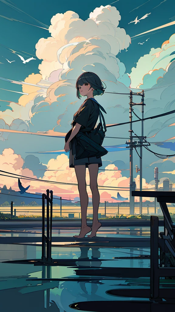 masterpiece, Exquisite detail,Highest quality,handrail, cloud,Power lines,View your viewers, Electric pole, bangs, cloudy zero, fish, bird, Green Eyes, Shorts, animal, Day, Black Shirt, barefoot,train,Railroad crossing,whale,ロングヘア