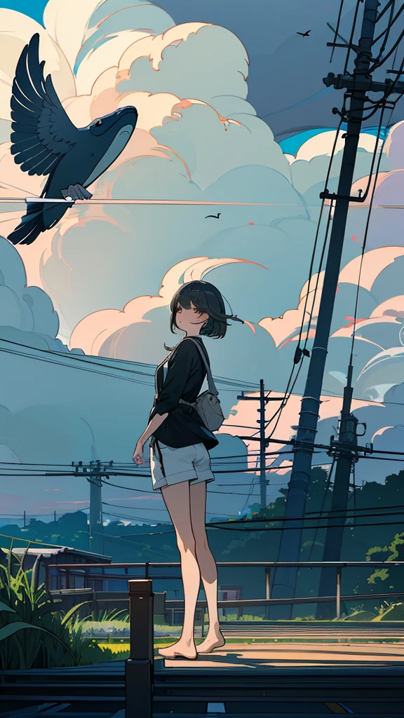 masterpiece, Exquisite detail,Highest quality,handrail, cloud,Power lines,View your viewers, Electric pole, bangs, cloudy zero, fish, bird, Green Eyes, Shorts, animal, Day, Black Shirt, barefoot,train,Railroad crossing,whale,ロングヘア