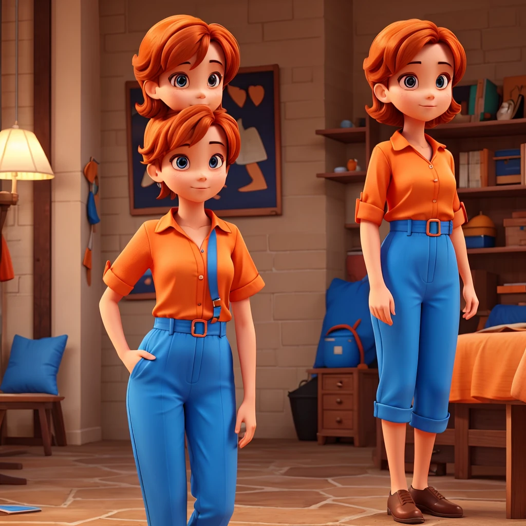 One in an orange blouse with a blue jumpsuit with short straight hair