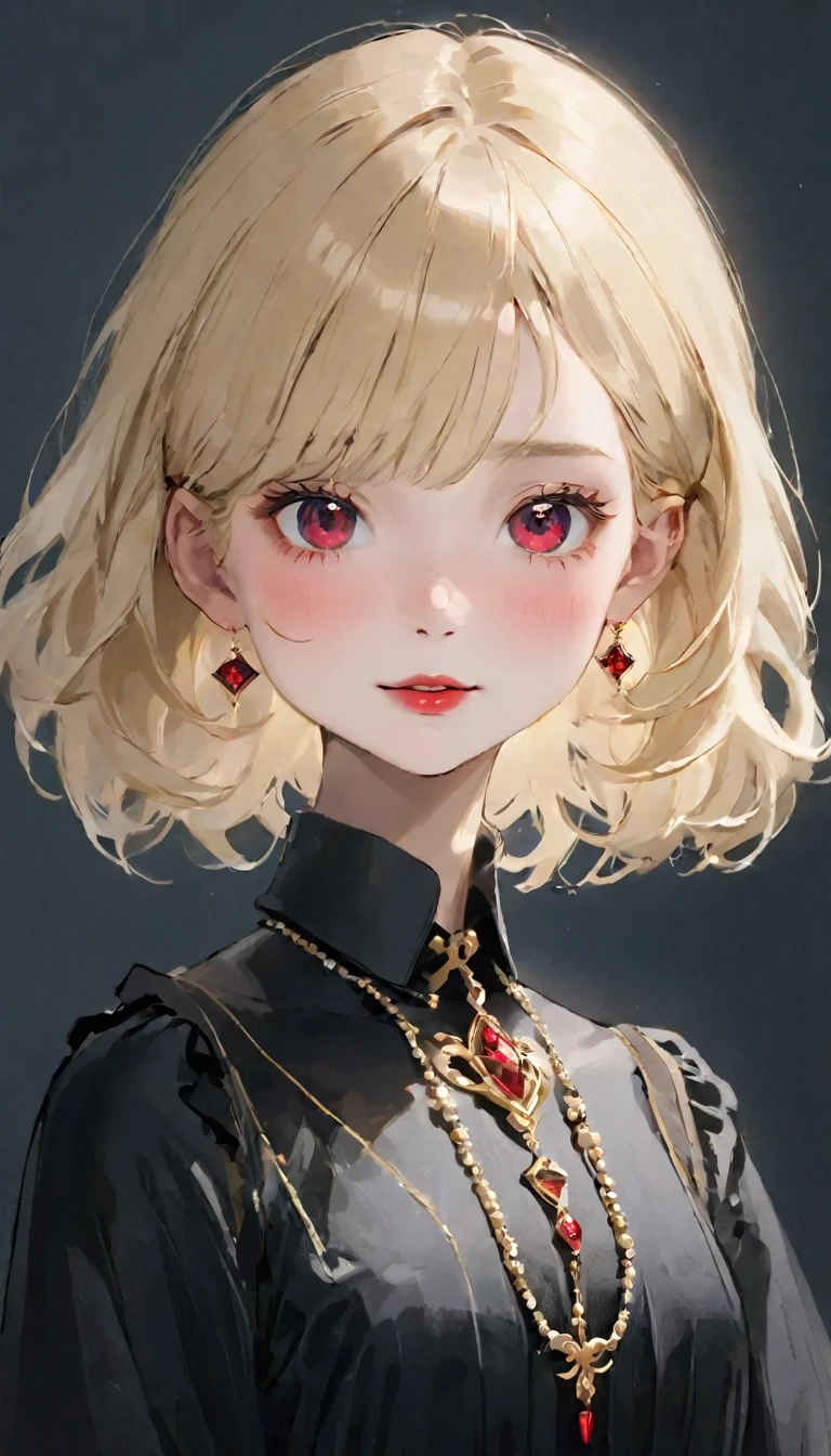 one girl:1.5、cute 、１４year、Ideal Anatomy、red eye shadow、Red lipstick、Slightly pink cheeks、White skin、ash blonde、black dress、Eight-headed body、Small 、Unique Hairstyles、necklace、top quality、Super detailed、high quality parts、portrait painting、Masseter region