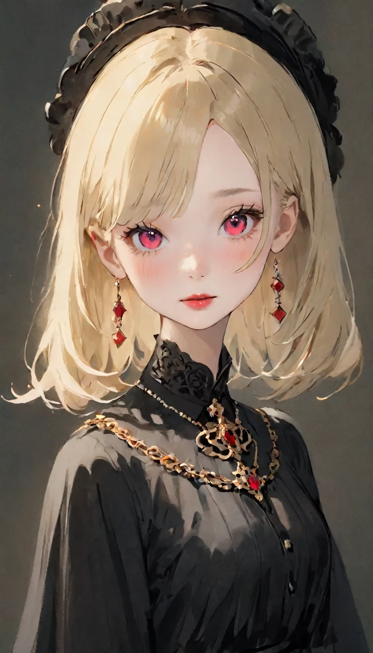 one girl:1.5、cute baby face、14year、Ideal Anatomy、red eye shadow、Red lipstick、Slightly pink cheeks、White skin、ash blonde、black dress、Eight-headed body、Small 、Unique Hairstyles、necklace、top quality、Super detailed、high quality parts、portrait painting、Masseter region