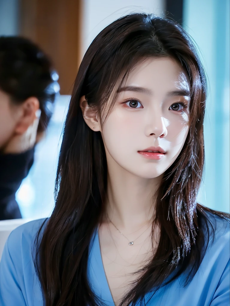 Bae joo Hyun is a young Korean woman in her 27s. Her hair is long in a dark-blue color.
Her face is oval and marked by her large brown eyes, which carry a cold, unexpressive face. Her skin is radiant and clear, presenting an impeccable state of health and her curved lips.
Her height is medium, her body athletic and defined, with the most charming and provocative. It contrasts and matches their personalities.
She is in her office at the company in the night lights wearing a black shirt
