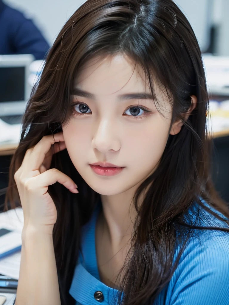 Bae joo Hyun is a young Korean woman in her 27s. Her hair is long in a dark-blue color.
Her face is oval and marked by her large brown eyes, which carry a cold, unexpressive face. Her skin is radiant and clear, presenting an impeccable state of health and her curved lips.
Her height is medium, her body athletic and defined, with the most charming and provocative. It contrasts and matches their personalities.
She is in her office at the company in the night lights wearing a black shirt