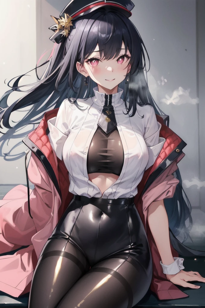 (Highest quality:1.2, artwork, Very detailed, expensiveディテール, digital coloring, High Contrast, masterpiece:1.2, Highest quality, Best aesthetics), 8K,masterpiece, cute,expensive,beautiful,Highest quality, 1 Female,Black Hair,Long Hair,Hollow Eyes, (finely detailed empty pupils and Detailed face),,,,Very detailedな CG ユニティ 8K 壁紙,alone,(Latex military costume:0.9),Large Breasts,Captivating smile,military hat,latex thigh high,Large Breasts,Black Hair,Pink Eyes,Pink leotard,pantyhose,Military coat,Patent leather suit,Glossy lips,Sitting,Bust Shot,Sadistic smile,,all,Shiny skin,Military coat,Detailed face,beautiful body,whole body,Adult,whole body油まみれで光沢感がある whole bodyから湯気が出ている Steam like a sauna room fills the entire screen. White breath from the mouth