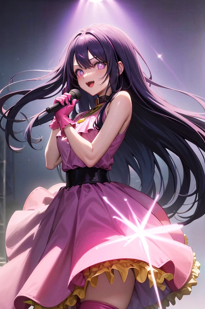 (masterpiece:1.3), (best quality:1.2), (8k, ultra detailed, ultra high res:1.3), ((anime style)), (perfect 5 fingers:1.1), perfect anatomy, 
1girl,
Hoshino Ai
BREAK long hair, 
black hair, purple eyes, star-shaped pupils, (holding microphone:0.9), 
medium breasts,  
(star dress, pink dress, yellow collar, pink gloves, pink thigh boots), 
open mouth, happy, 
looking at viewer, 
upper body, 
perfect light, 
stage, concert, stage lights, audience, crowd, light particles, 