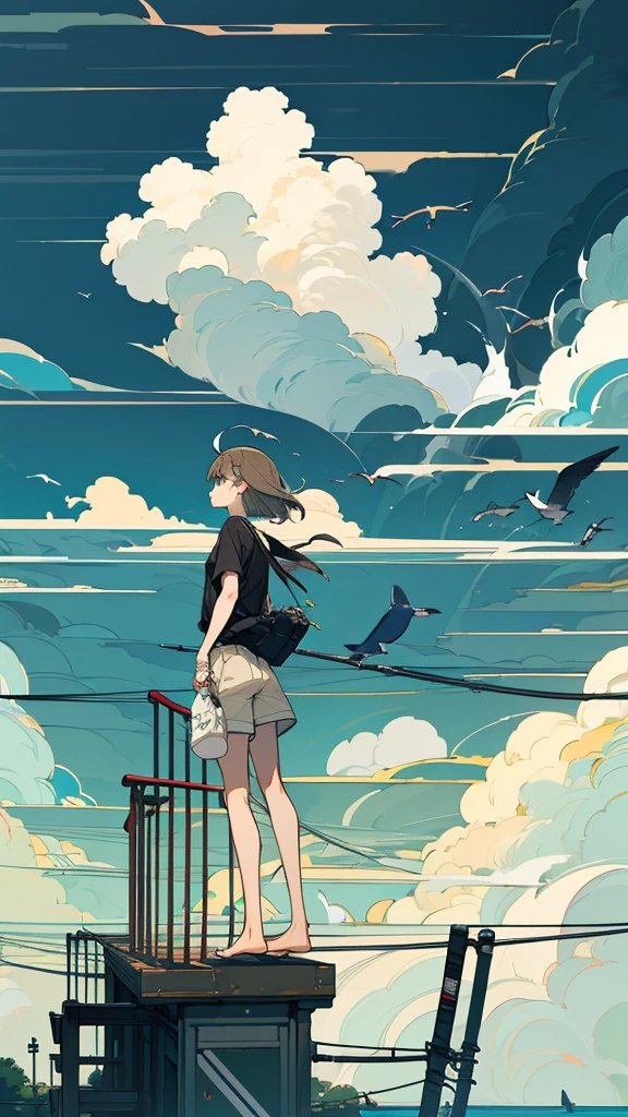 masterpiece, Exquisite detail,Highest quality,handrail, cloud,Power lines,View your viewers, Electric pole, bangs, cloudy zero, fish, bird, Green Eyes, Shorts, animal, Day, Black Shirt, barefoot,train,Railroad crossing,whale,ロングヘア