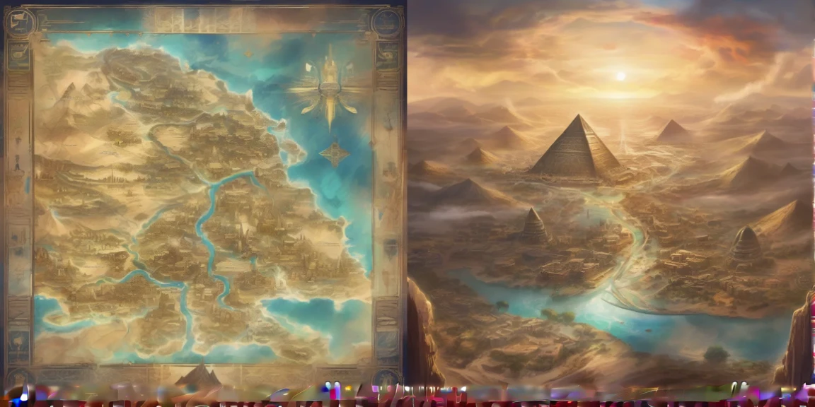 The navigation map of Kemet shows Memet, the capital, situated centrally on the banks of the Akhet River, which meanders south towards the vast necropolises of Abysar. To the east of Memet lies the verdant city of Thebet, surrounded by fertile lands and mystical temples. To the north, the scorching desert of Heliomet is dotted with temples to the sun god Aten. To the south, beyond the barren lands of Nubemet, the Sea of Horuset stretches, offering a sea route to distant lands. ((fantasy art))
