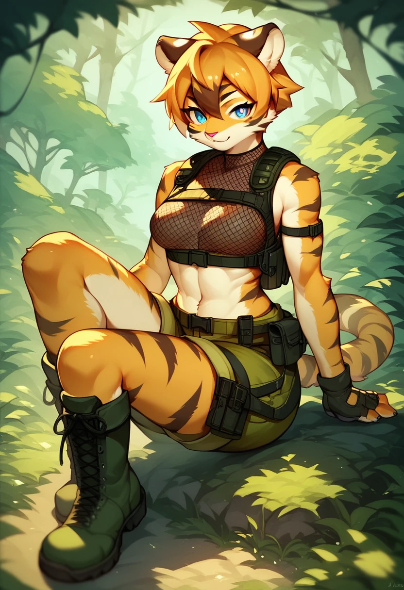 score_9, score_8_up) score_7_up, score_6_up, solo, tiger, kemono, anthro, cute, short hair, blue eyes, white pupils, sexy, orange fur, shorts, tactical harness, boots, assassin girl, sleeveless, (mesh croptop), tactical gloves, small, breasts, forest background,