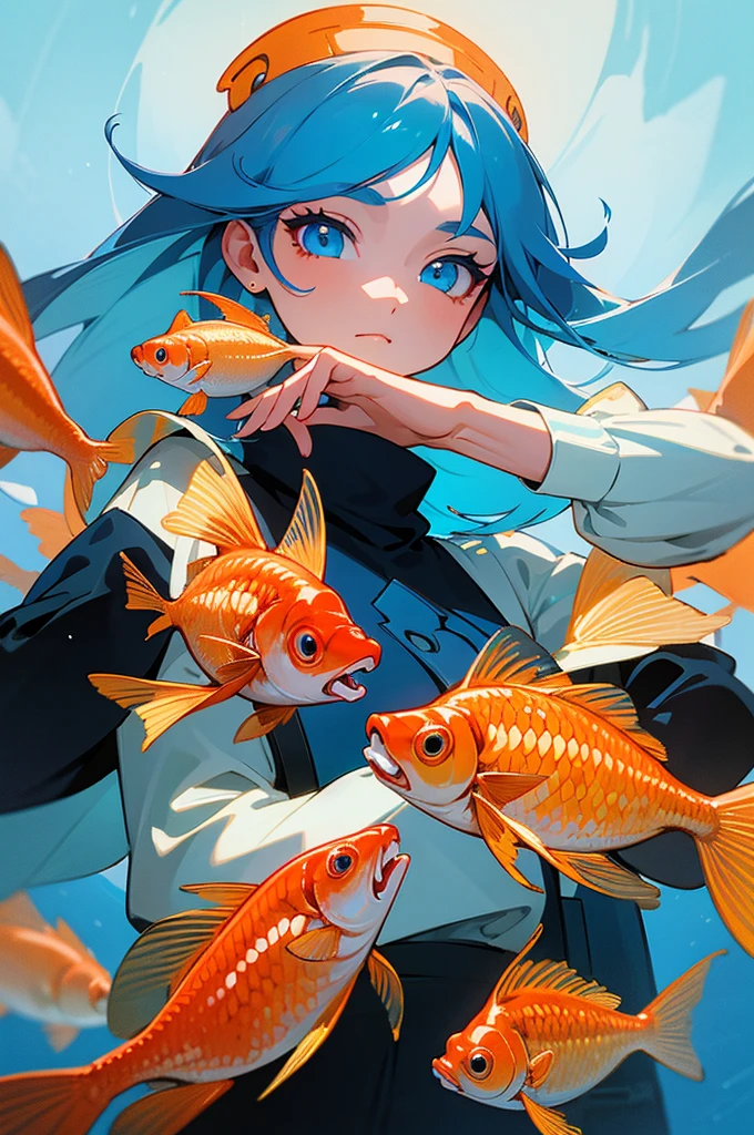 A close-up of a girl，Raise a hand，Big ice blue eyes，Long golden eyelashes，Several goldfish swam around her.，In a light orange and sky blue style，Bright colors，Detailed Details，Illustration Art，Bold cartoon lines，Flat illustration，Colorful fantasy realism，Unique character design，Close-up of hands，Perfect composition，number，Smooth brushstrokes，Anime Aesthetics，high resolution，Ultra HD，High Detail，2D Game Art - ar 3:4 --s 500