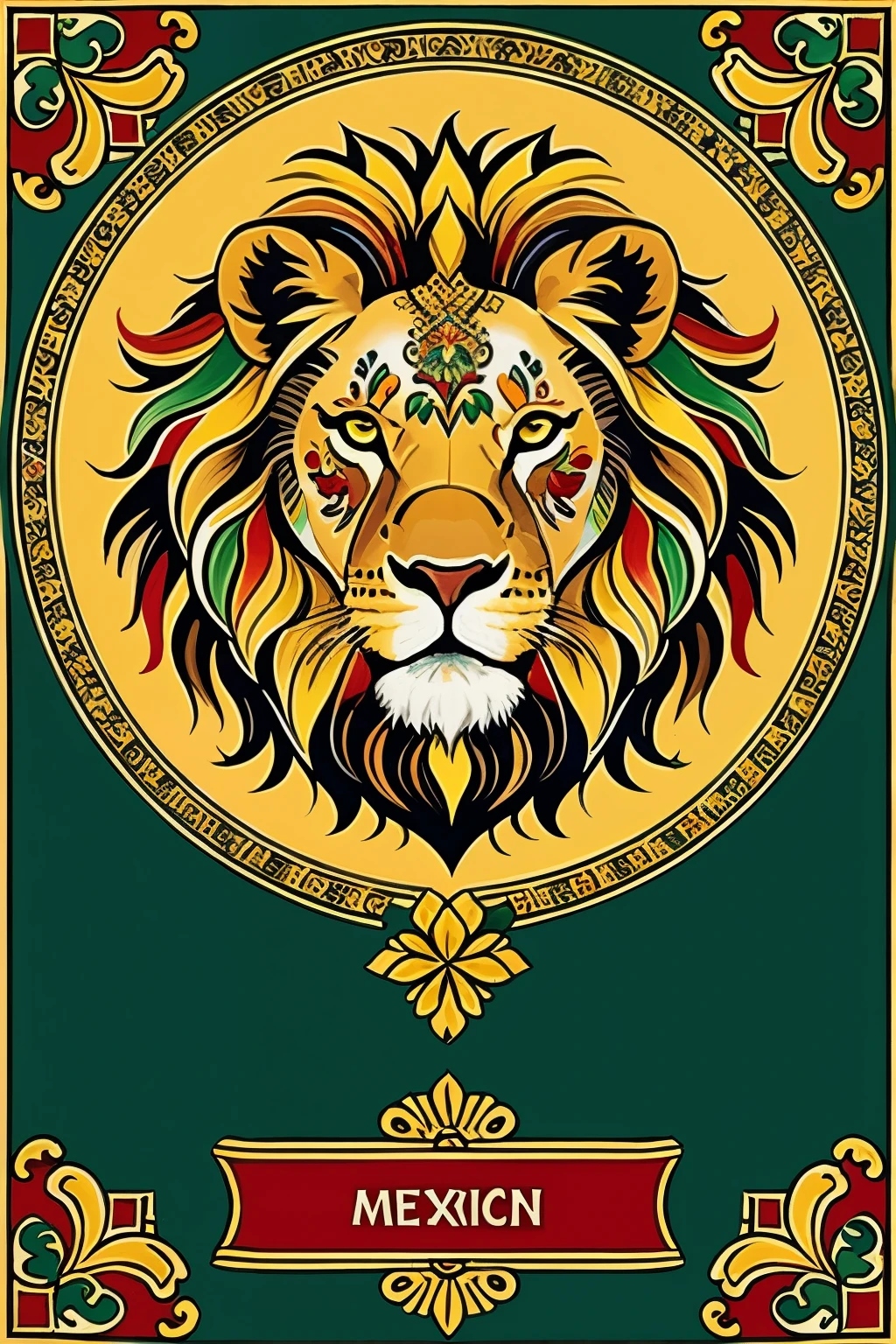 "Generate a digital image depicting a majestic lion surrounded by decorations in Mexican Talavera style. Make sure the lion is the central focus of the image, with vibrant and elegant details typical of Talavera art, such as geometric patterns, traditional Mexican flowers and colors Bright colors such as blue, white, yellow and green. The background should complement and enhance the presence of the lion, using motifs that maintain stylistic coherence with the Talavera. The image should convey a sense of Mexican cultural tradition and the majesty of the lion as a symbol. of. power and beauty."