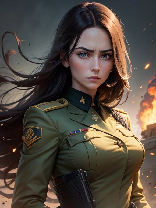 30 year old woman, shoulder length hair, greeneyes, serious expression, military uniform, holding a gun, QG.