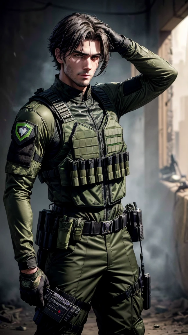 portrait of handsome 25-year old guy, wearing green camouflage combat suit and combat helmet, (black bulletproof vest: 1.3), black half-gloves, (grenade belt: 1.3), (holding grenade:1.1), stunning, tall, bright hair, fancy haircut, (epic pose) , (full length:1.2), call of duty modern warfare