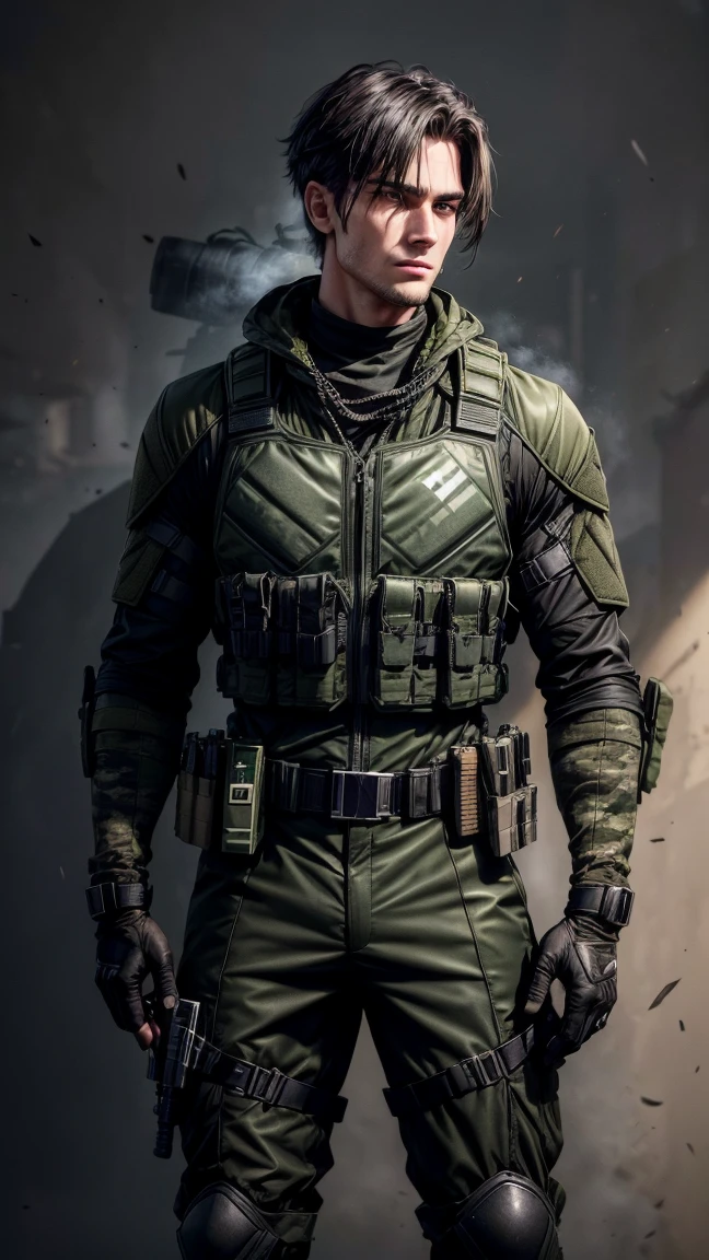 portrait of handsome 25-year old guy, wearing green camouflage combat suit and combat helmet, (black bulletproof vest: 1.3), black half-gloves, (grenade belt: 1.3), (holding grenade:1.1), stunning, tall, bright hair, fancy haircut, (epic pose) , (full length:1.2), call of duty modern warfare