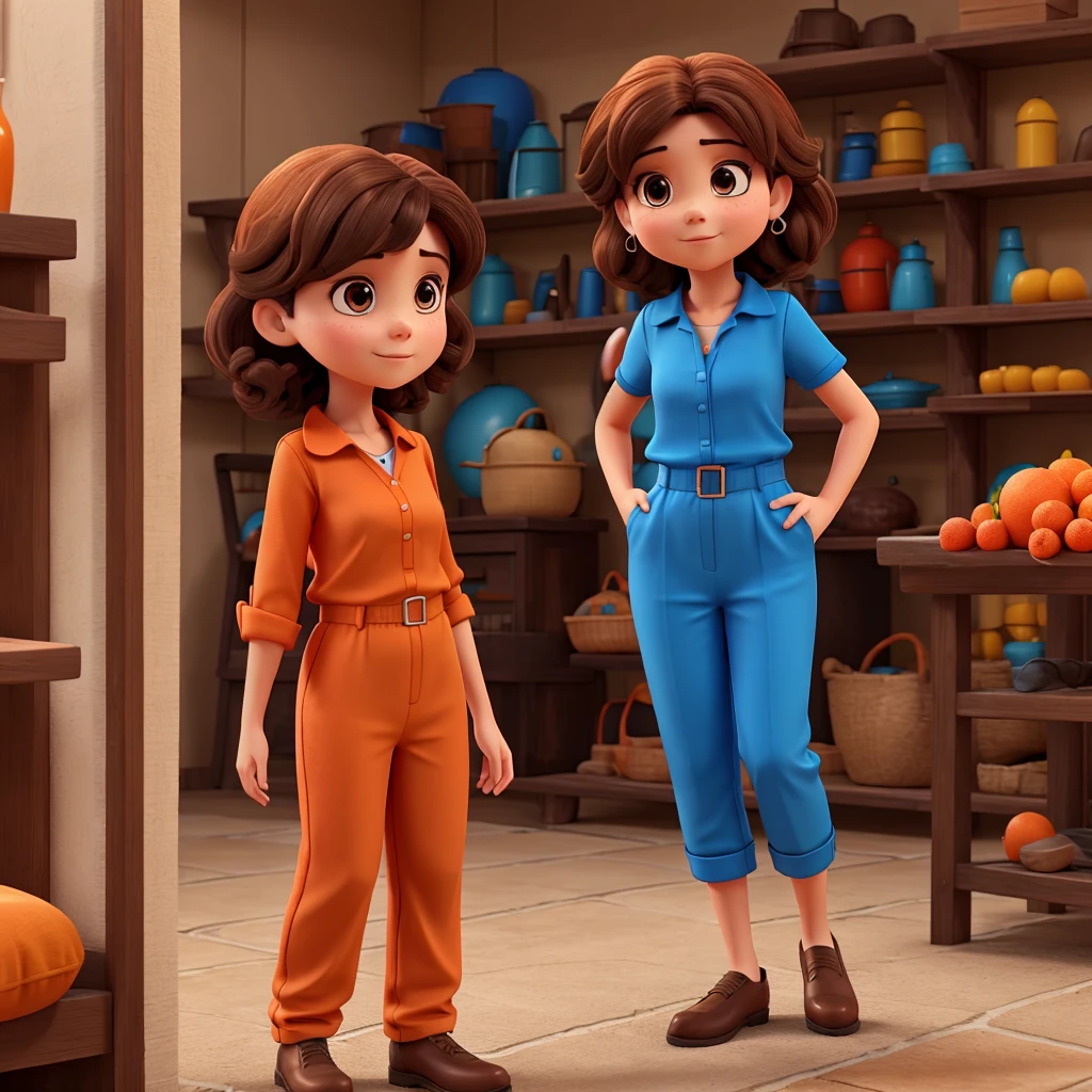 One in an orange blouse with a blue jumpsuit with dark brown hair