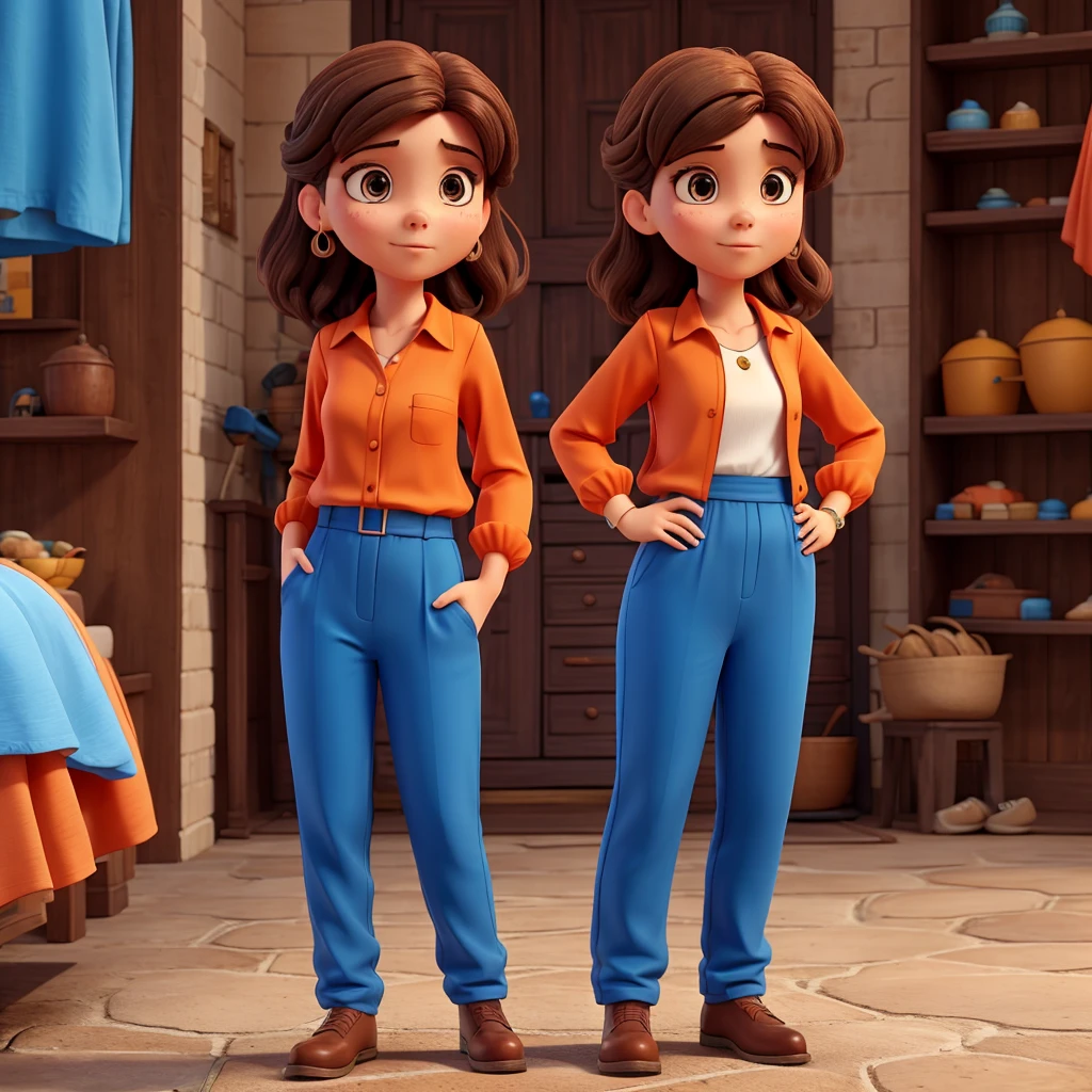 One in an orange blouse with a blue jumpsuit with dark brown hair