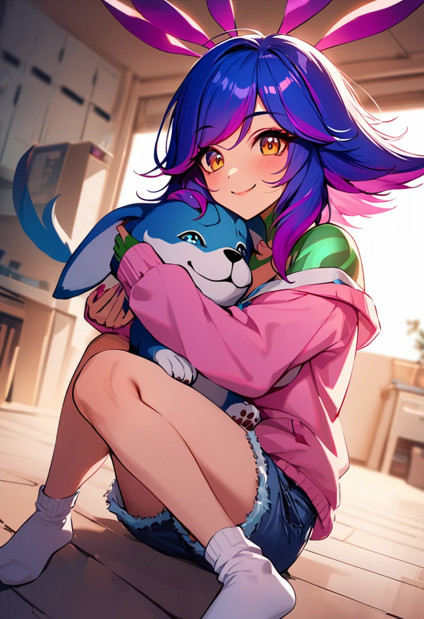 masterpiece, high quality, neeko, sitting on the floor, smiling, hugging a puppy, wearing pink sweatshirt, jean shorts, long white socks