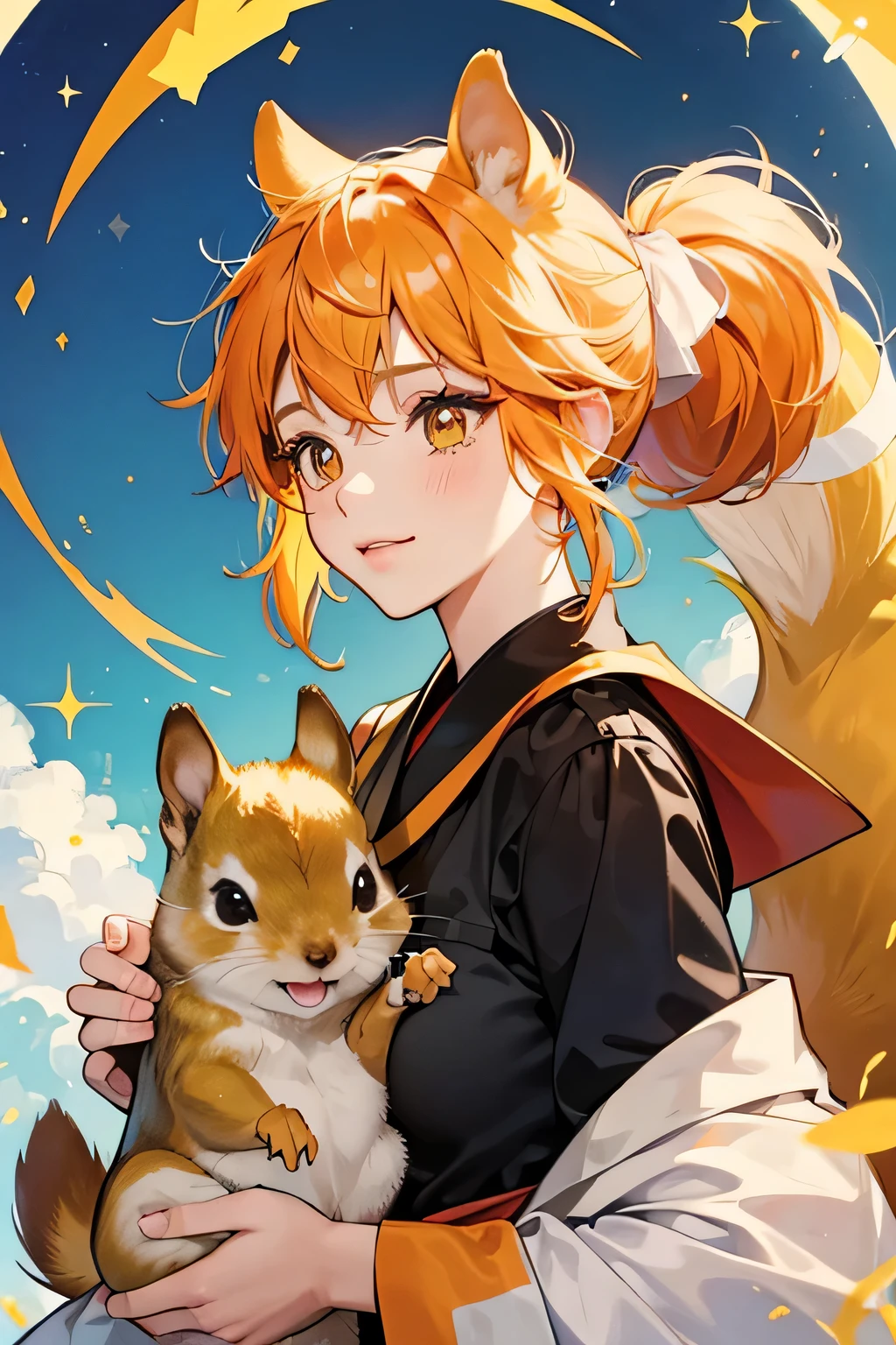 Risutchi is a yellow squirrel girl with an orange spot on the top of her head... she has big tear-stained eyes. sparkle; shine