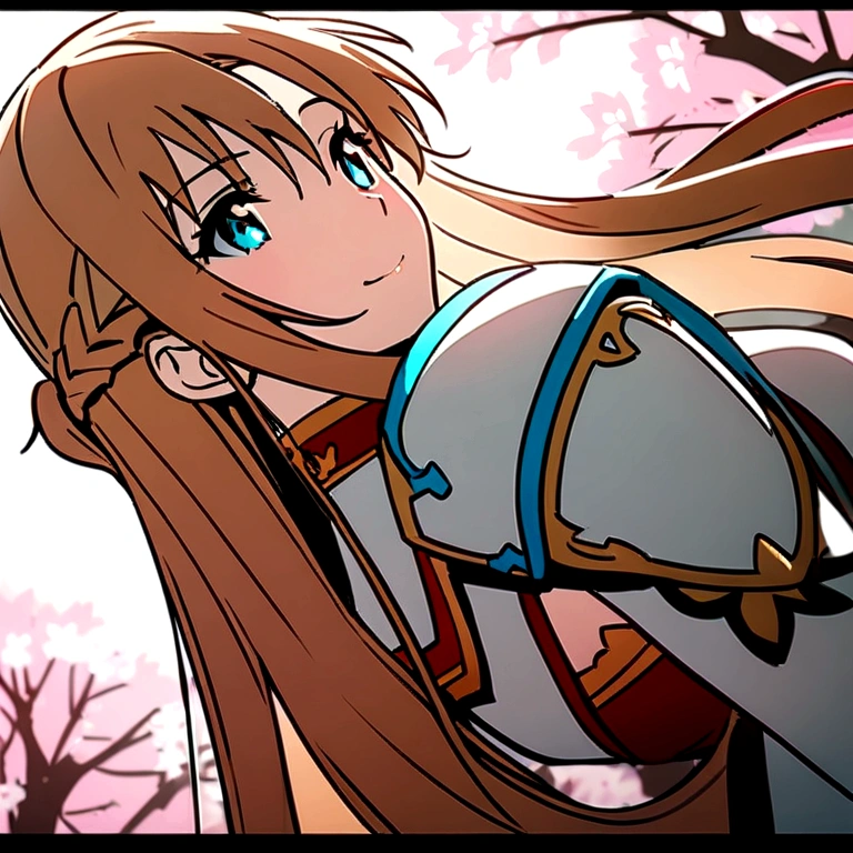 asuna, ((masterpiece)), highres, asuna (sao), crown braid, light orange hair, armor, cherry blossoms, dutch angle