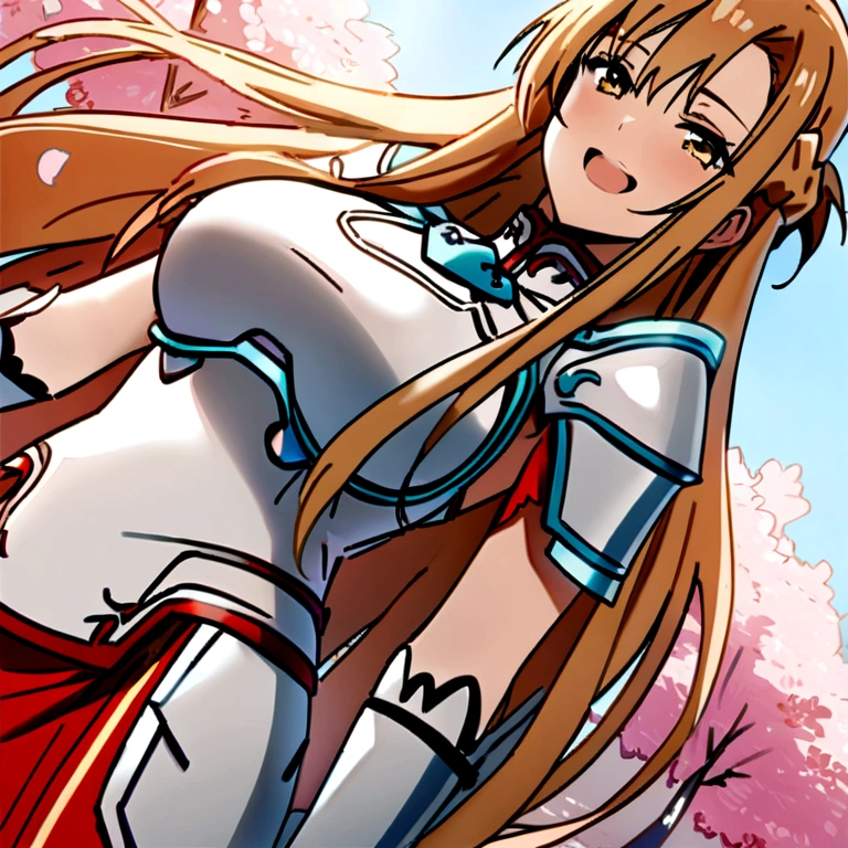 asuna, ((masterpiece)), highres, asuna (sao), crown braid, light orange hair, armor, cherry blossoms, dutch angle