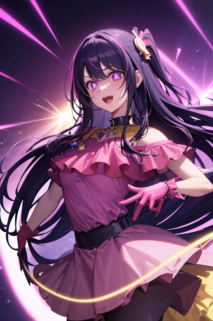 (masterpiece:1.3), (best quality:1.2), (8k, ultra detailed, ultra high res:1.3), ((anime style)), (perfect 5 fingers:1.1), perfect anatomy,
1girl,
Hoshino Ai
BREAK long hair,
black hair, purple eyes, star-shaped pupils, (holding microphone:0.9),
medium breasts,
(star dress, pink dress, yellow collar, pink gloves, pink thigh boots),
open mouth, happy,
looking at viewer,
upper body,
perfect light,
stage, concert, stage lights, audience, crowd, light particles, (neon:1.2),