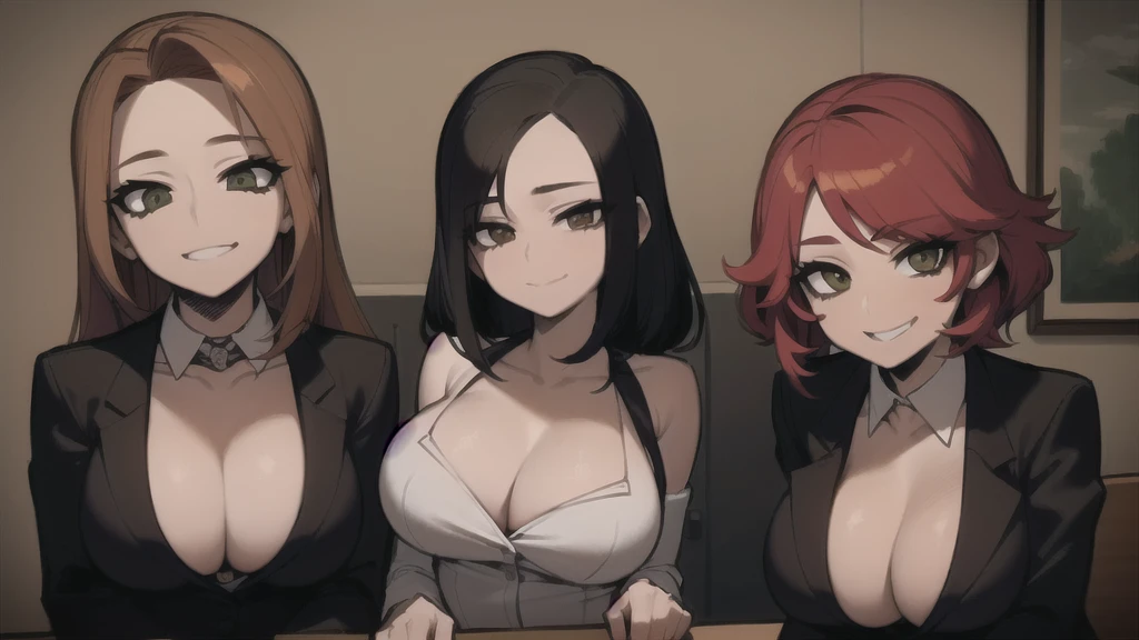 three sexy women who are wives of  boy, looking at camera, seductive smiles, portrait, short auburn curly hair, moaning, office outfits