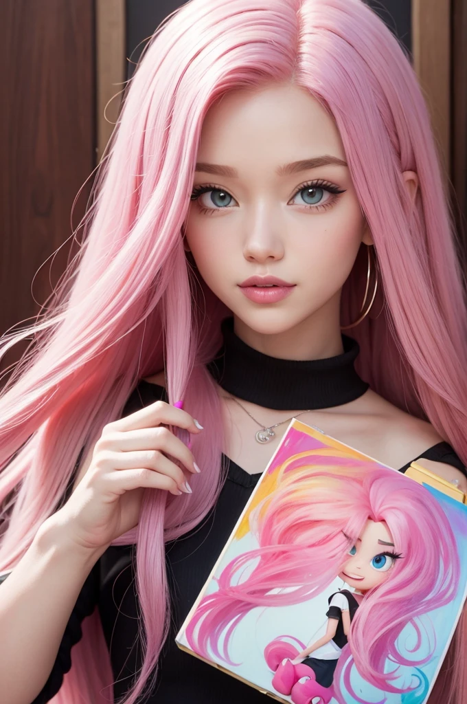 A disney pixar cartoon character playfully with long pink hair holding a paint palette