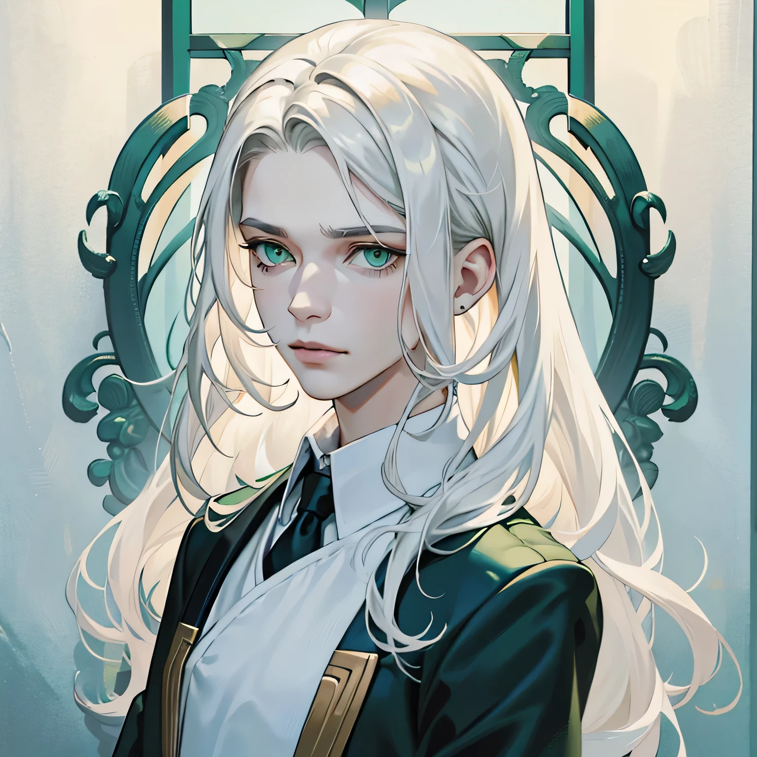 (1 person),(solo),(Single portrait),(flat chest),(Long white hair),green eyes,Business suit,Gloomy atmosphere,Grieving,Close-up faces,(face portrait)