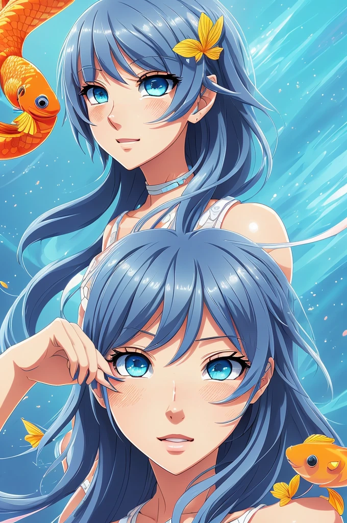 A close-up of a girl，Raise a hand，Big ice blue eyes，Long golden eyelashes，Several goldfish swam around her.，In a light orange and sky blue style，Bright colors，Detailed Details，Illustration Art，Bold cartoon lines，Flat illustration，Colorful fantasy realism，Unique character design，Close-up of hands，Perfect composition，number，Smooth brushstrokes，Anime Aesthetics，high resolution，Ultra HD，High Detail，2D Game Art - ar 3:4 --s 500