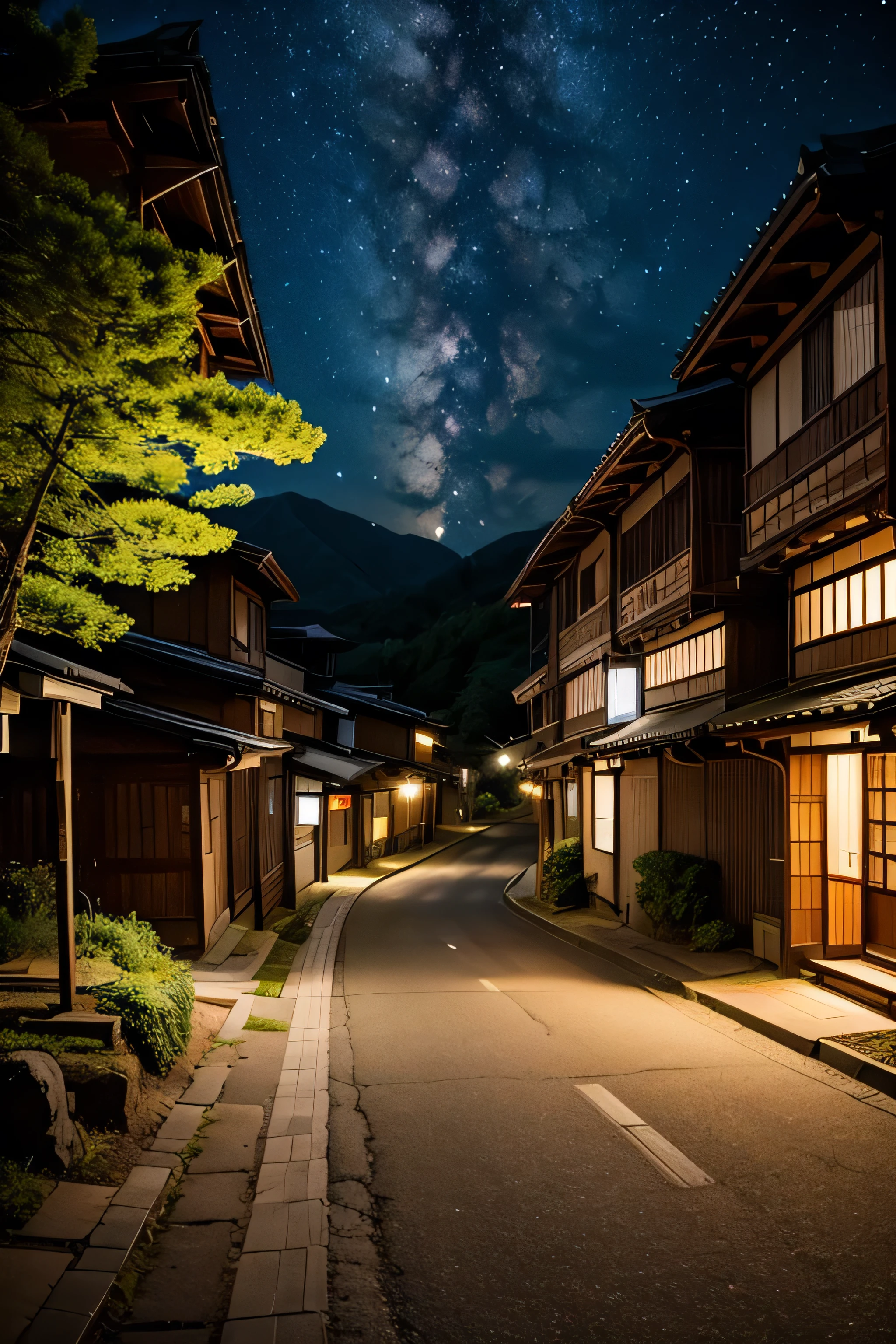 Indigo sky,Japanese countryside,A peaceful mountain town,Cadillac ATS,car,停car,黒いcar体,Japanese Landscape,Nightfall,Before dawn,Stars twinkle,Oblique front view