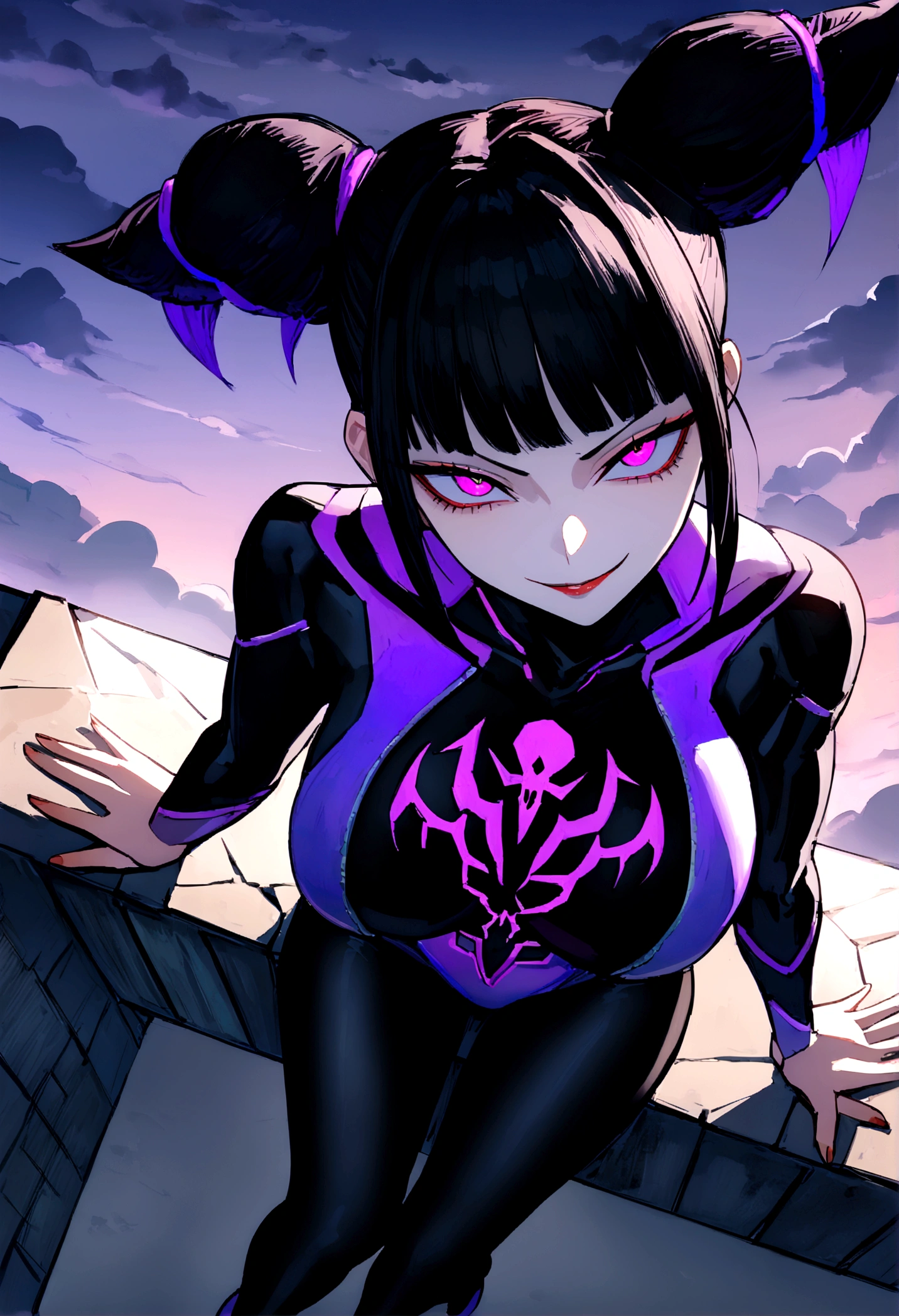 juri han,glowing purple eyes,evil smile(((work of art))), (((best qualityer))), (((From above))), (((Cidade flutuante))), ((mint ballet shoes)), ((sitting on the stone parapet)), ((body com capuz)), ((paid lining)), (black hose), black hair with purple details, spider logo, gradient light, horizont, High sky, colorful cloudy sky, standing alone, 1 girl, (big boobi hair, slender figure,evil smile