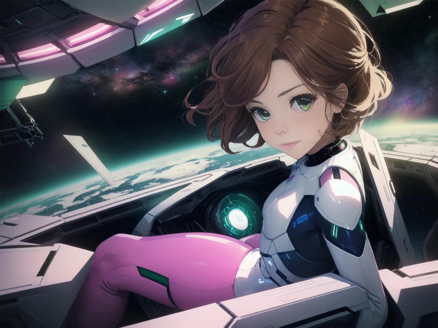 (aesthetic, best quality, masterpiece), 1girl, closed mouth, small smile, green eyes, auburn hair, zerosuit, tight space suit, pink and white color scheme, spaceship, space, futuristic, datapad, full body, cockpit