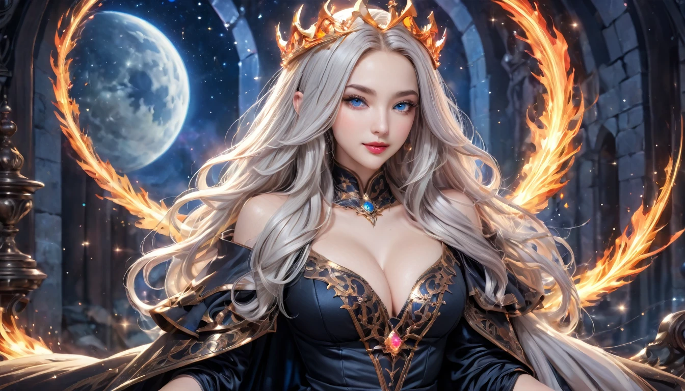 8K resolution, masterpiece, Highest quality, Award-winning works, unrealistic, From above, erotic, sole sexy lady, healthy shaped body, 22 years old, black mage, 165cm tall, huge firm bouncing busts,, white silver long wavy hair, Detailed facial depictions, Mysterious blue eyes, Standard nose, Eyeliner, pink lips, sexy long legs, big breast, Clear skin, lying in the bed, holy knight, Gothic ruffle long dress, A dress with a complex structure, Seven-colored colorful dress, Clothed in flames, royal coat of arms, elegant, Very detailed, Delicate depiction of hair, miniature painting, Digital Painting, artstation concept art, Smooth, Sharp focus, shape, Unreal, surreal, Dynamic Lighting, Fantasy art, Complex colors, Colorful magic circle, flash, dynamic sexy poses, A kind smile, Mysterious Background, Aura, A gentle gaze,  Small faint lights and flying fireflies, night, lanthanum, From above, looking down on the world below, Starry Sky, milky way, nebula, shooting star