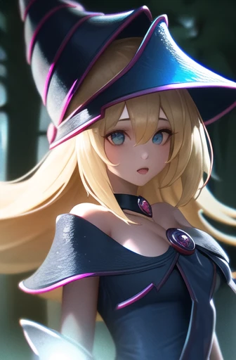 dark magician girl, mksks style, (very detailed background:1.0), (highly detailed background:1.0), masterpiece, best quality, (1girl), solo, (forest), long hair, blonde hair, blue headwear, wizard hat, spell casting, nature, trees:1.2, motion blur, magic, (moonlight:1.2), chromatic aberration, depth of field, soft lighting, highly detailed face, highly detailed eyes